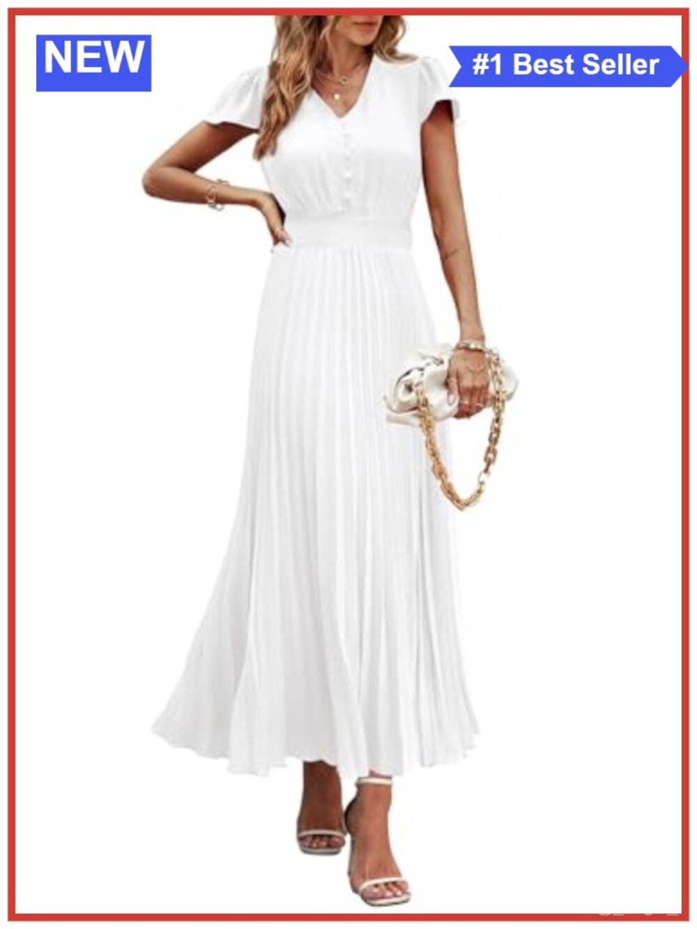 Women's Summer Maxi Dress V Neck Cap Sleeve Button Pleated Flowy Casual